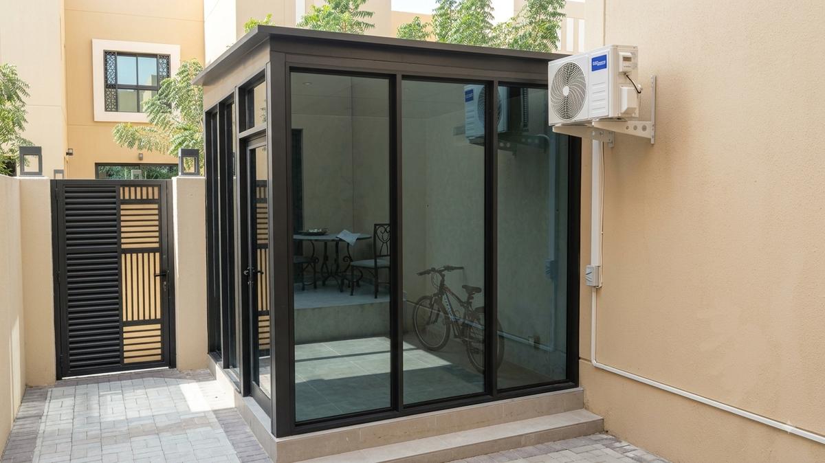 Glass room extension by garden gate