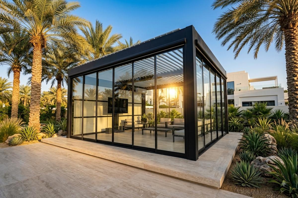 Glass room among palm trees at sunset