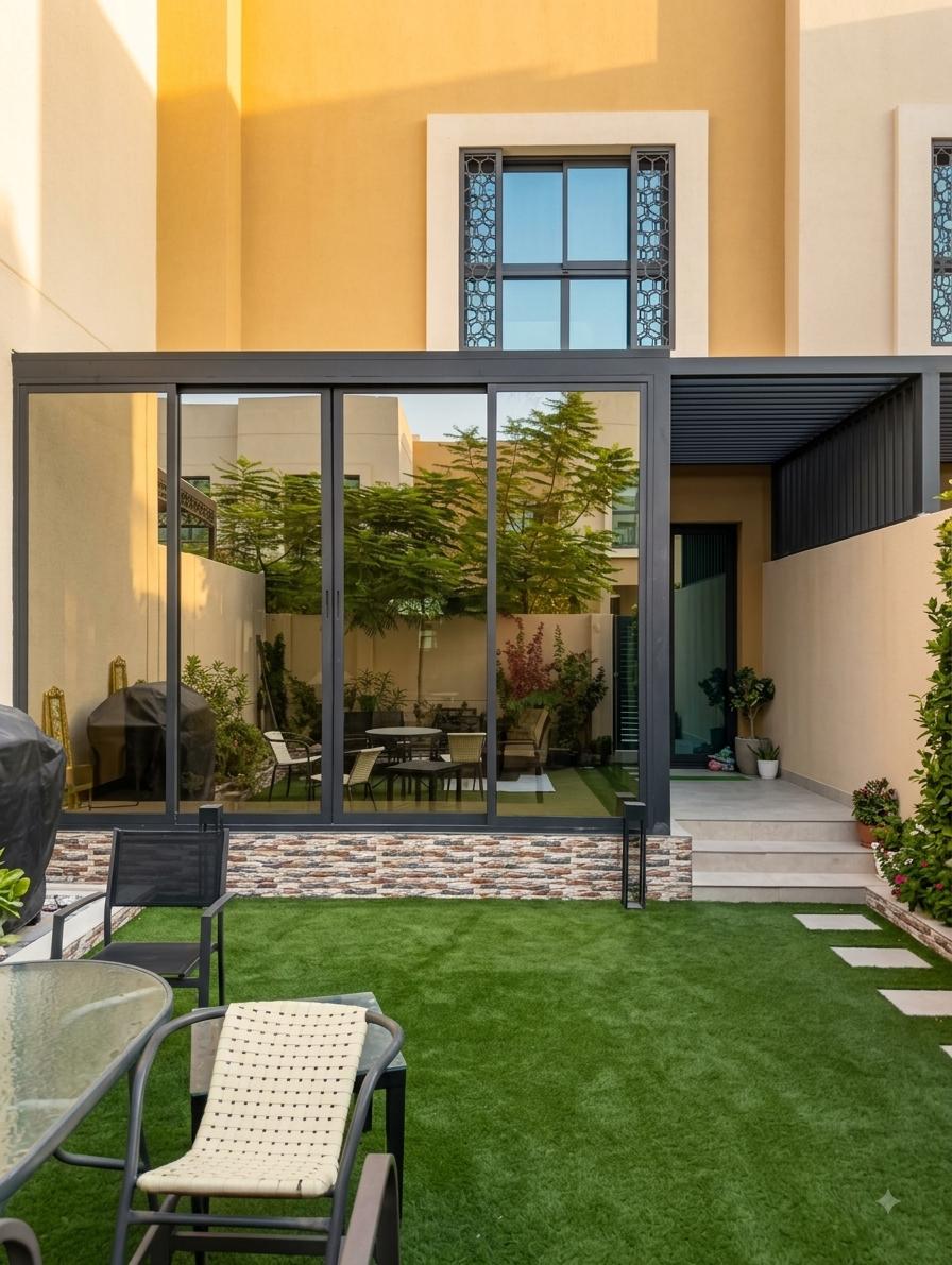 Glass room extension onto villa garden