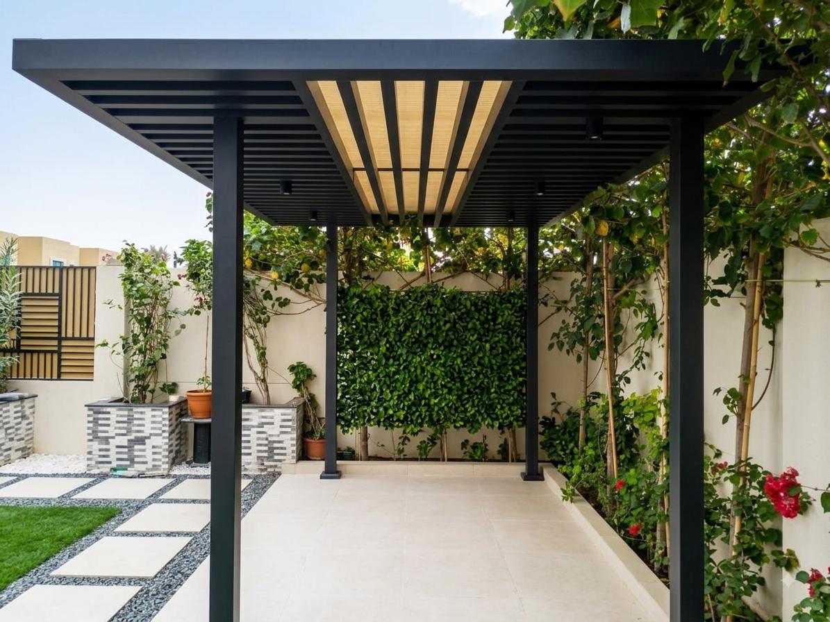 Louvered pergola over garden seating
