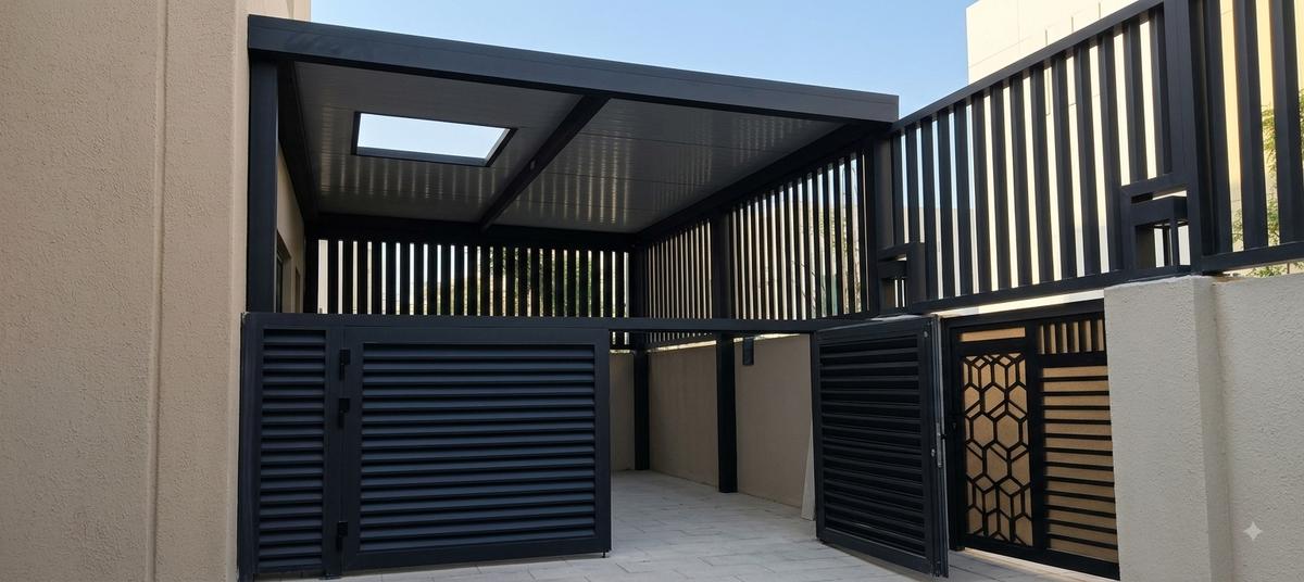 Pergola with louvered privacy screen and gate